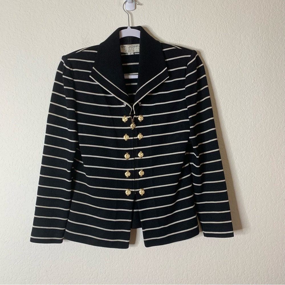 ST.John Womens Black White Stripe Zip up Nautical Button Blazer 2